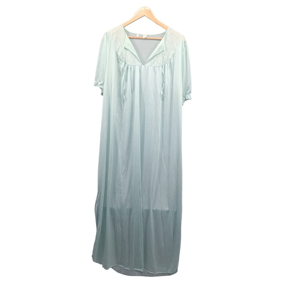 VTG Mint Green Lace Trim Nightgown Maxi Sleep Dress Short Sleeve USA Made Retro